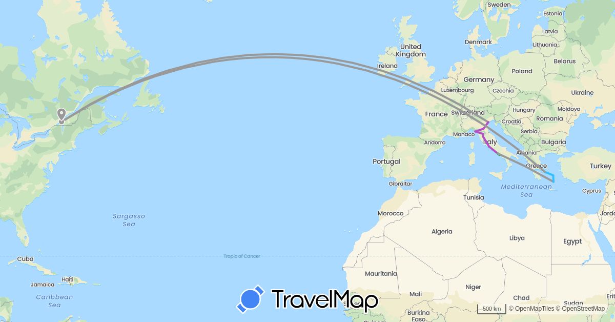 TravelMap itinerary: driving, bus, plane, train, boat in Canada, Greece, Italy (Europe, North America)